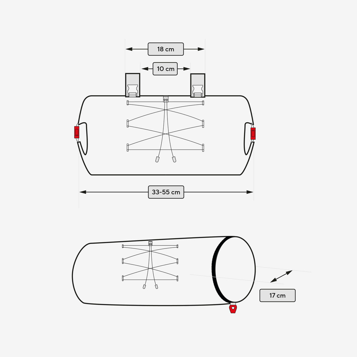 Wymiary Cyclite Handle Bar Roll Bag: 33-55 cm, średnica 17 cm